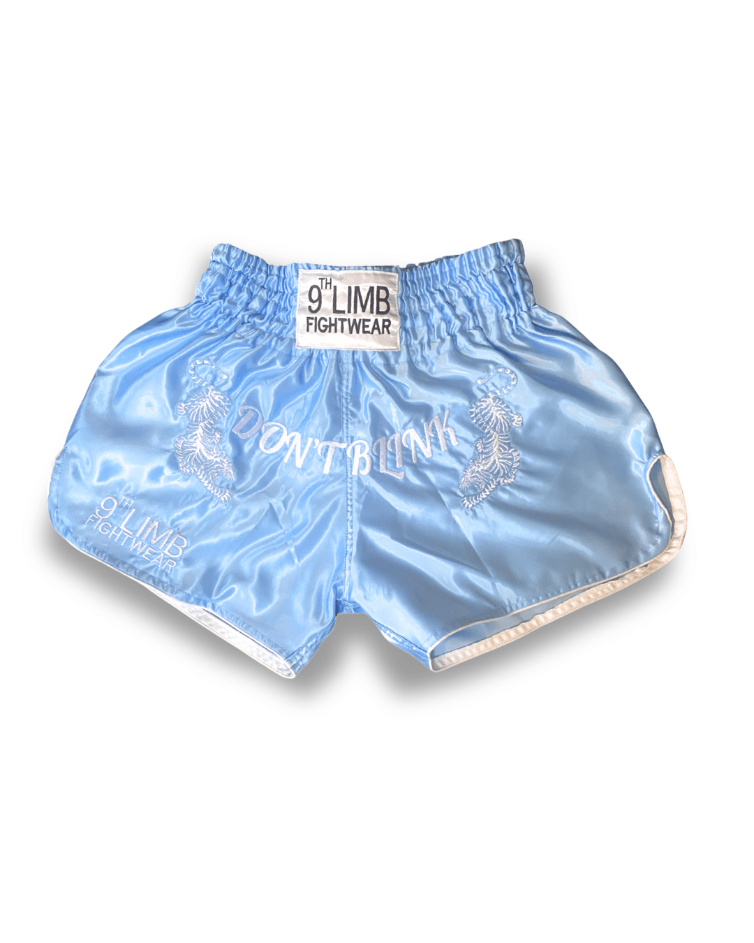 Baby Blue 9th Limb “Don’t Blink” Muay Thai Shorts – Satin Fightwear - 9thLimbHQ
