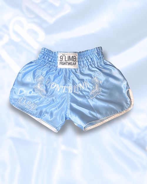 Baby Blue 9th Limb “Don’t Blink” Muay Thai Shorts – Satin Fightwear - 9thLimbHQ