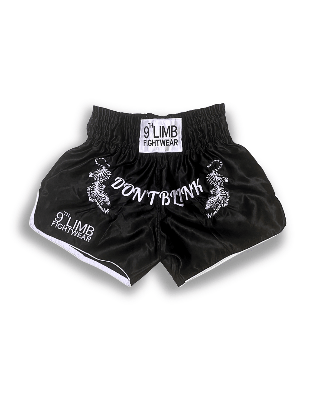 Black 9th Limb “Don’t Blink” Muay Thai Shorts – Black Satin Fightwear - 9thLimbHQ