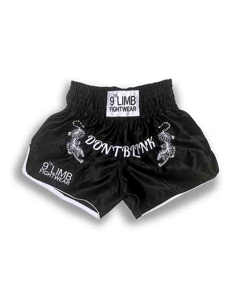 Black 9th Limb “Don’t Blink” Muay Thai Shorts – Black Satin Fightwear - 9thLimbHQ