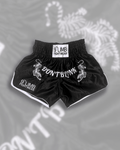 Black 9th Limb “Don’t Blink” Muay Thai Shorts – Black Satin Fightwear - 9thLimbHQ