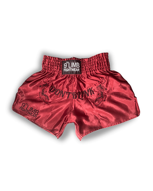 Dark Red 9th Limb “Don’t Blink” Muay Thai Shorts – Satin Fightwear - 9thLimbHQ