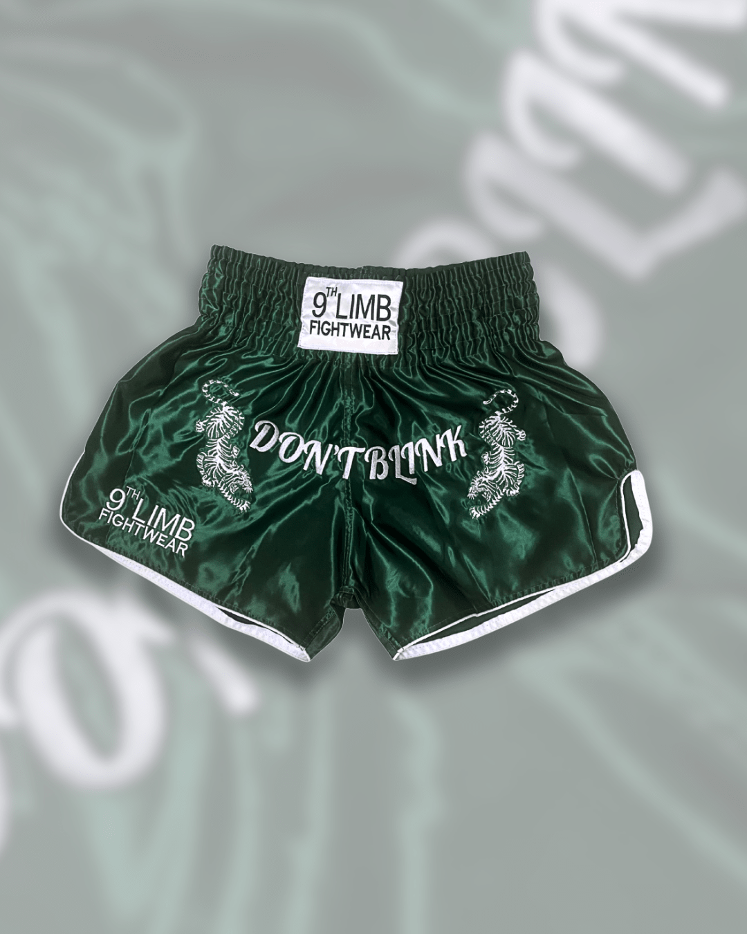 Green 9th Limb “Don’t Blink” Muay Thai Shorts – Satin Green Fightwear - 9thLimbHQ
