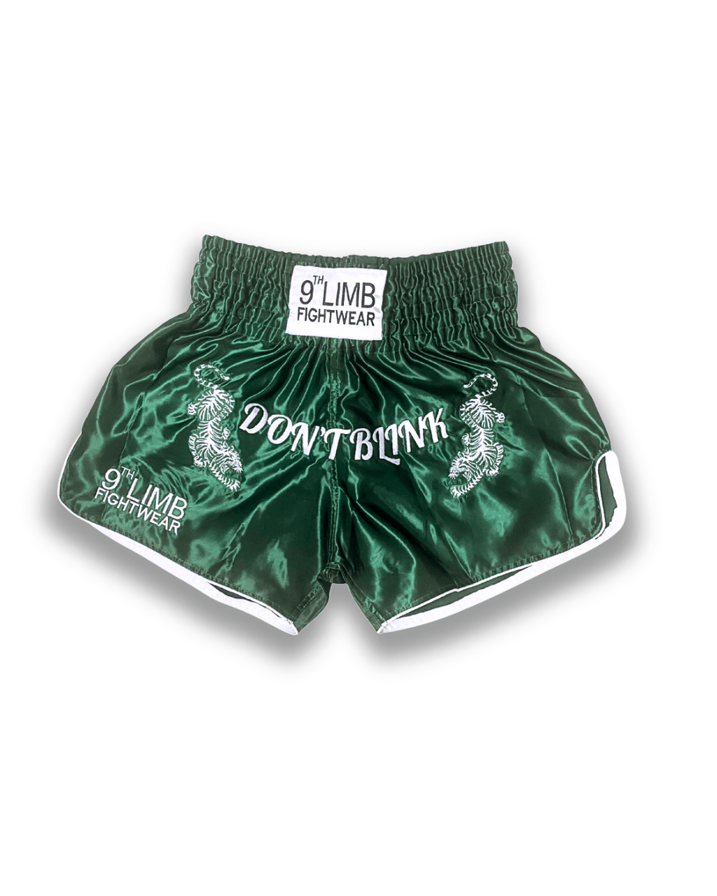 Green 9th Limb “Don’t Blink” Muay Thai Shorts – Satin Green Fightwear - 9thLimbHQ
