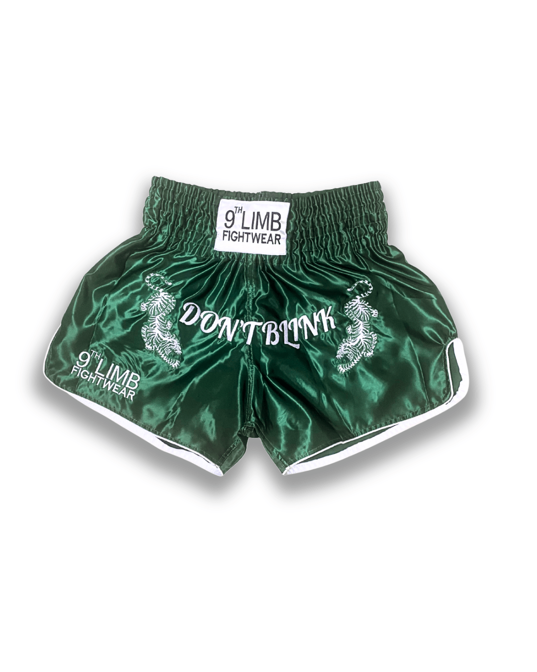 Green 9th Limb “Don’t Blink” Muay Thai Shorts – Satin Green Fightwear - 9thLimbHQ