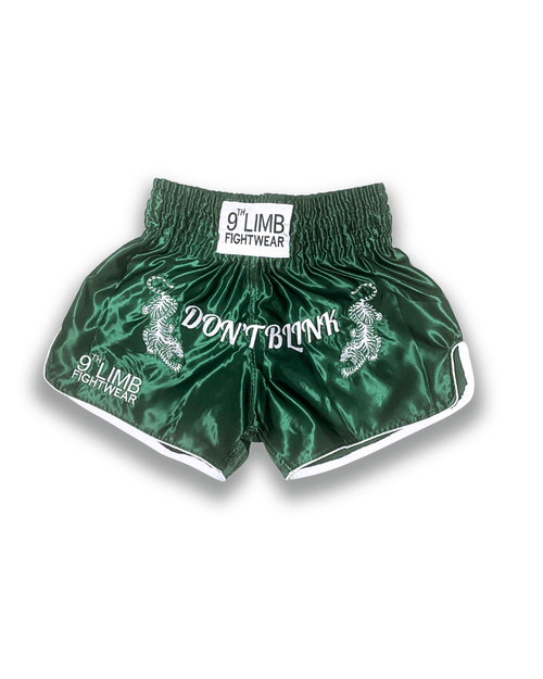 Green 9th Limb “Don’t Blink” Muay Thai Shorts – Satin Green Fightwear - 9thLimbHQ