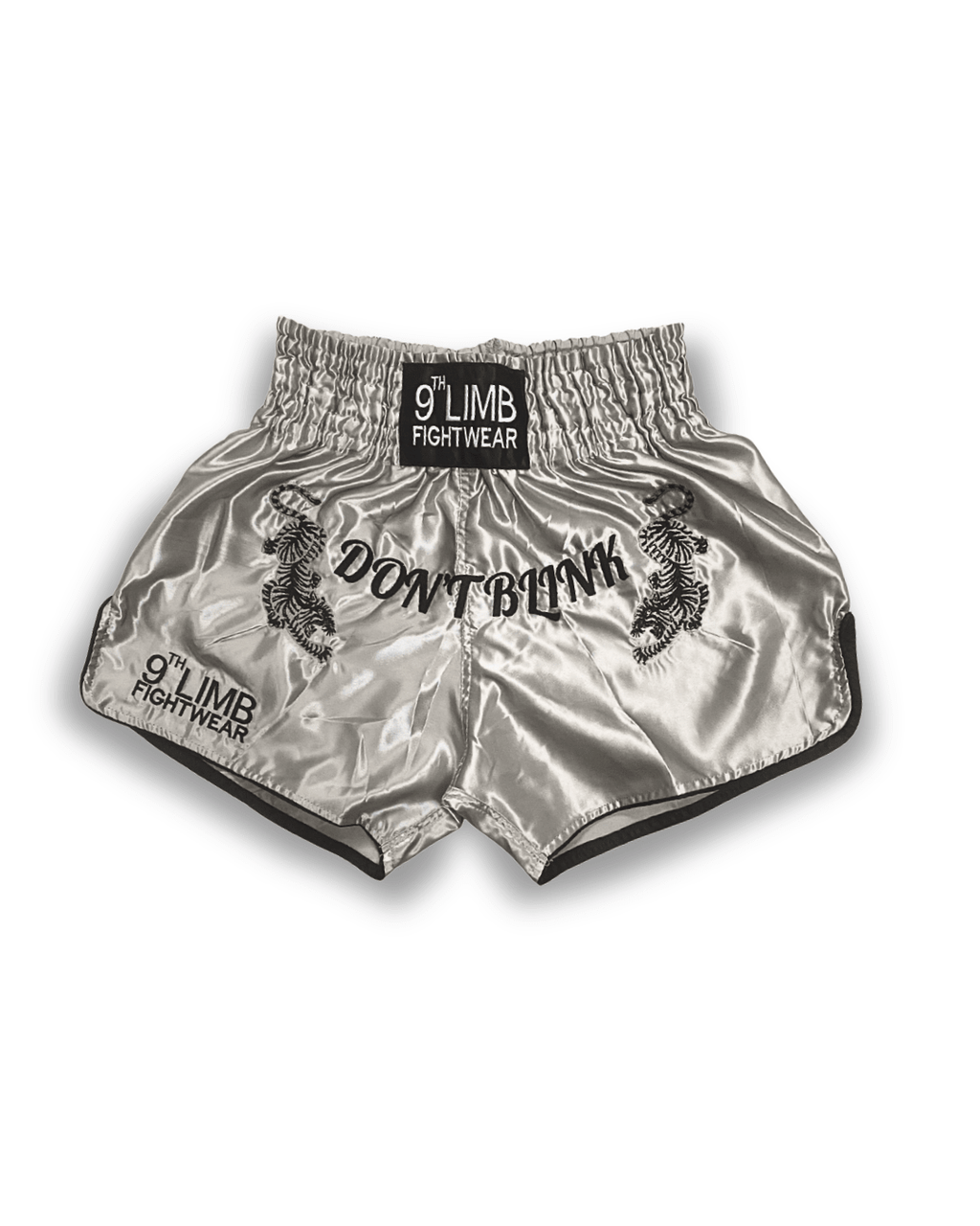 Grey 9th Limb “Don’t Blink” Muay Thai Shorts – Satin Fightwear - 9thLimbHQ
