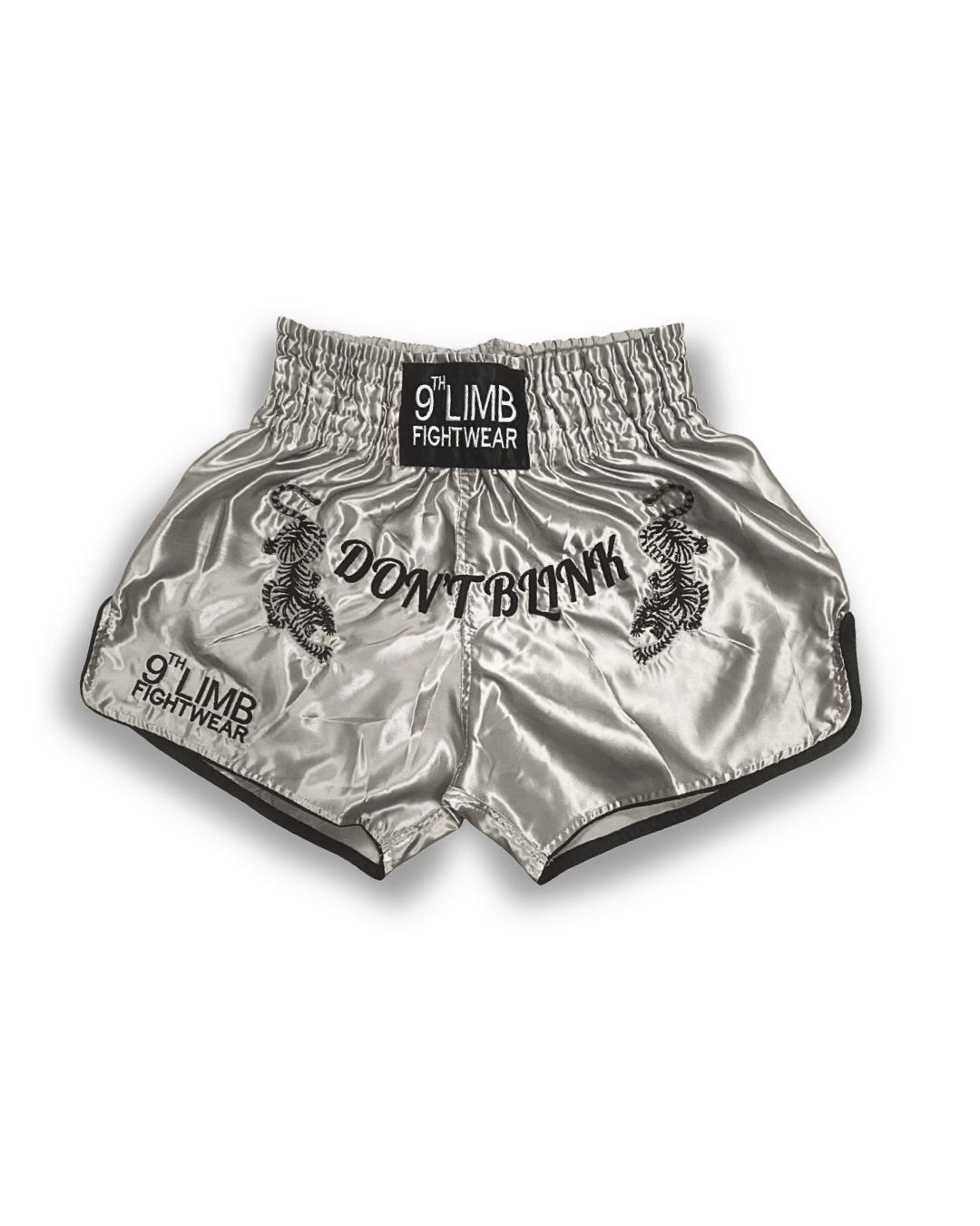 Grey 9th Limb “Don’t Blink” Muay Thai Shorts – Satin Fightwear - 9thLimbHQ