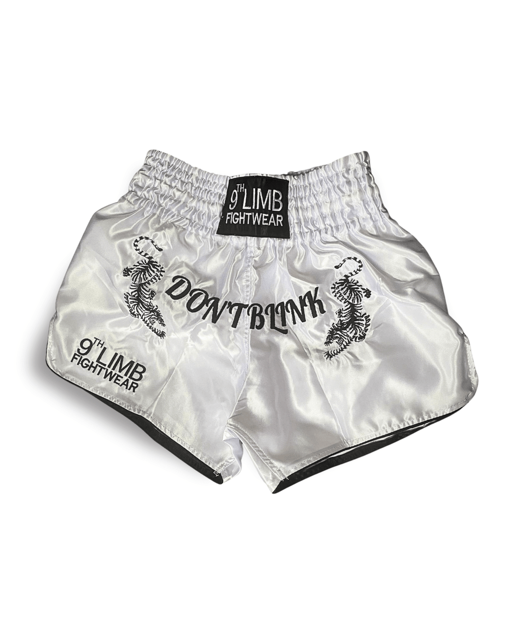 White 9th Limb “Don’t Blink” Muay Thai Shorts – Satin Fightwear - 9thLimbHQ