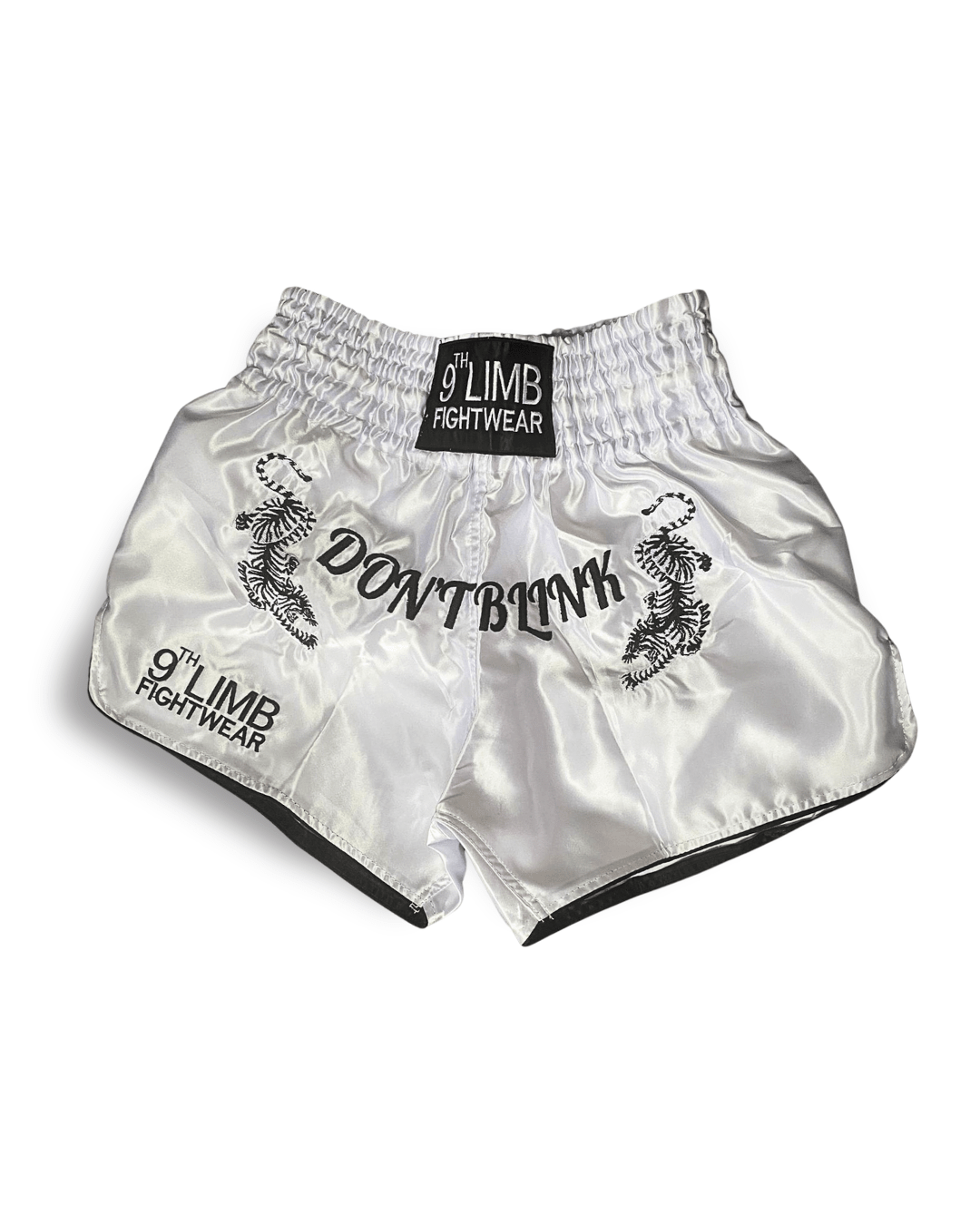 White 9th Limb “Don’t Blink” Muay Thai Shorts – Satin Fightwear - 9thLimbHQ