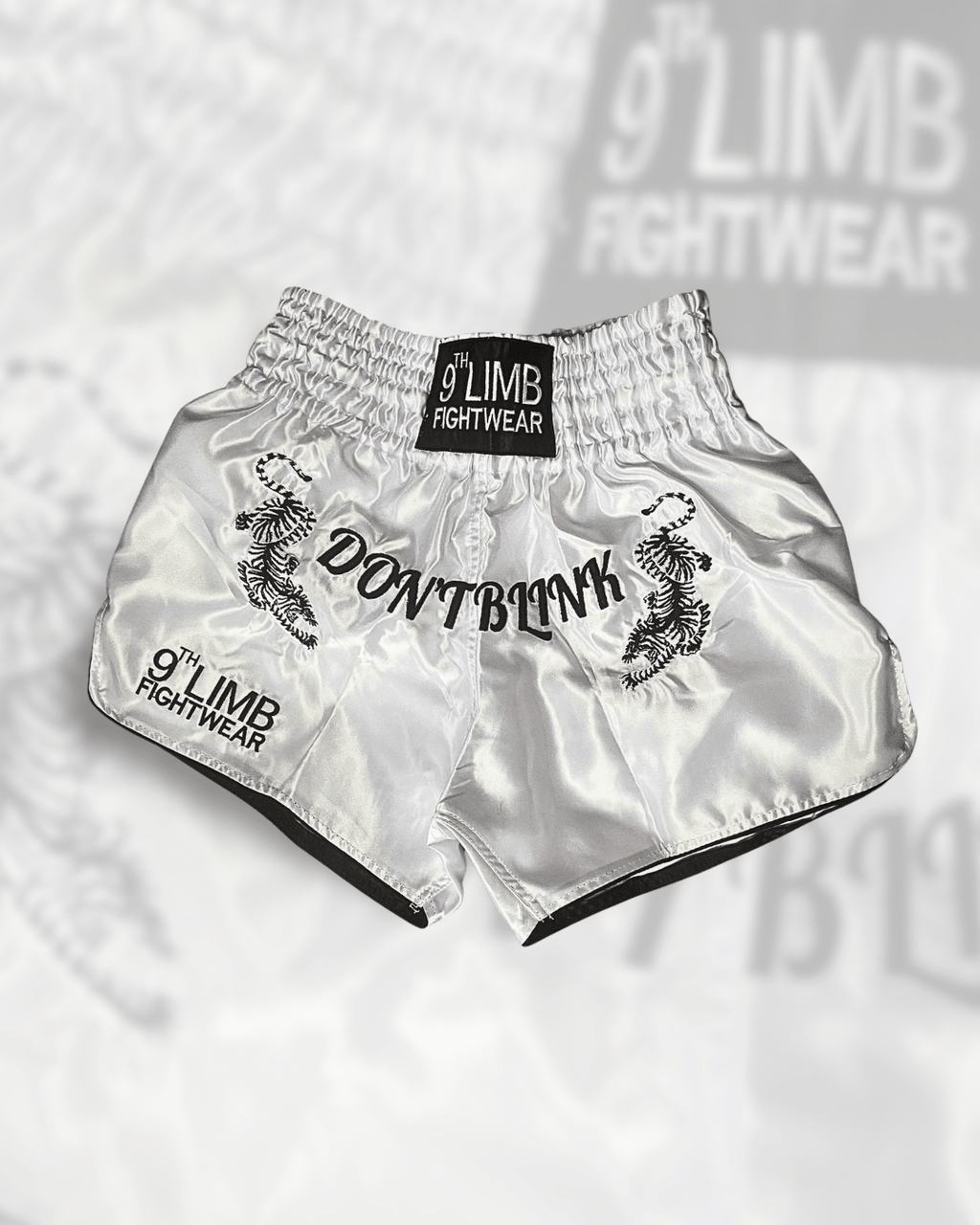 White 9th Limb “Don’t Blink” Muay Thai Shorts – Satin Fightwear - 9thLimbHQ