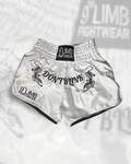 White 9th Limb “Don’t Blink” Muay Thai Shorts – Satin Fightwear - 9thLimbHQ