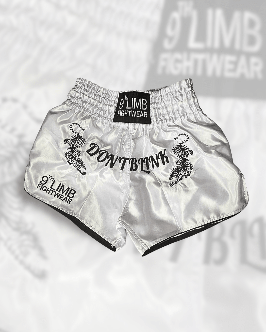 White 9th Limb “Don’t Blink” Muay Thai Shorts – Satin Fightwear - 9thLimbHQ